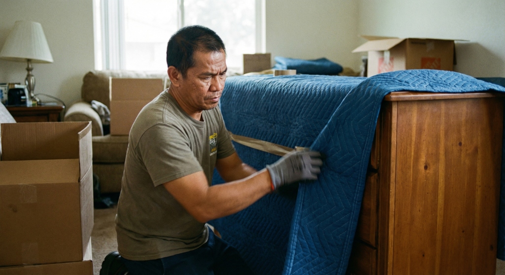 Furniture wrapped for protected moving