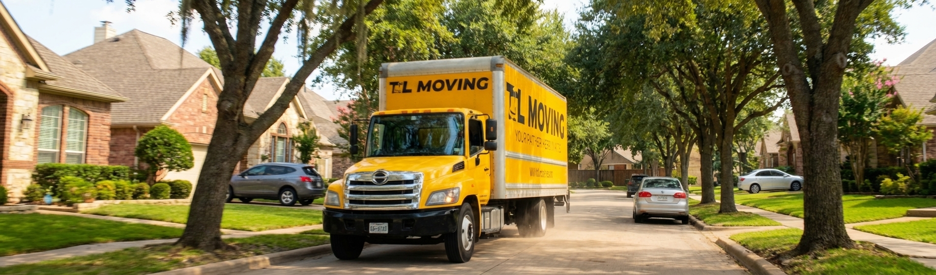 TL Moving truck in a Dallas neighborhood